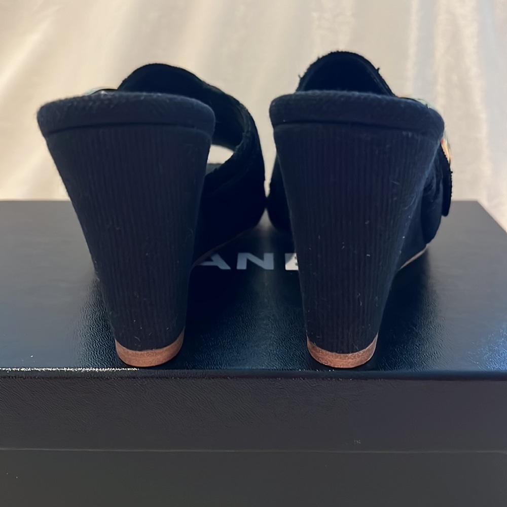 CHANEL Black Wedge Mules with Gold CC Accent - Picture 6 of 9